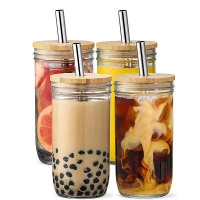 China CLASSIC Reusable 24oz Mason Jar with Bamboo Lids and Glass Straw Boba Drinking Glasses Travel Tumbler Bottle For Iced Coffee for sale