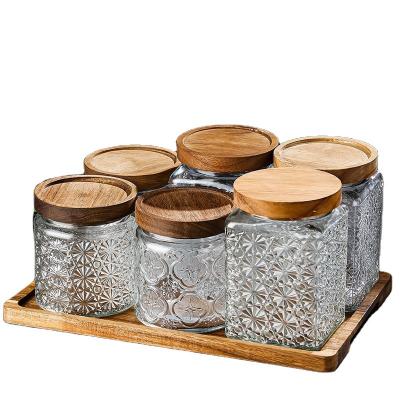 China Sustainable Glass Coffee Snack Spice Sugar Round Square Clear Glass Food Jar Storage Containers Canister with Bamboo Acacia Wood Lids for sale