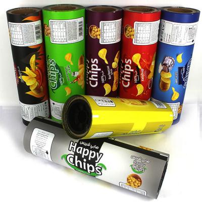 China Moisture Proof Custom Printed Foil Laminated Nitrogen Filled French Fries Puff Food Snacks Automatic Wrapping Film Rolls for sale