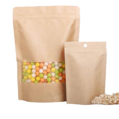 China Barrier Custom Printed Biodegradable Candy Bean Holder Up Zip Lock Kraft Paper Pouch Blank Brown Bag With Clear Window for sale