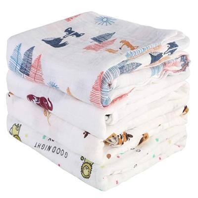 China Anti-Bacteria Custom Cartoon Animal Pattern Baby Blankets Organic Bamboo Muslin Wrap Double Gauze Receiving Blanket for sale