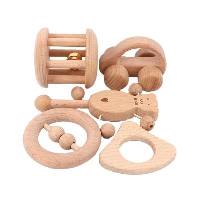 China Toy Organic Beech Wood Montessori Teether Soft Toys Set Infant Wooden Rattles Interesting Toys 5pc Nursing Teether Wooden Rattles for sale