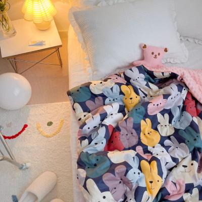 China Cute Viable High Quality Color Rabbit Printing Cotton Baby Blanket With Pink Doudou Velvet Lining for sale