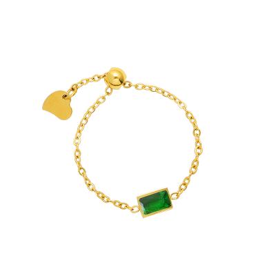 China Custom Vintage Logo Green Adjustable Steel Link Zircon Chain Green Thin Ring For Gold Plated for sale