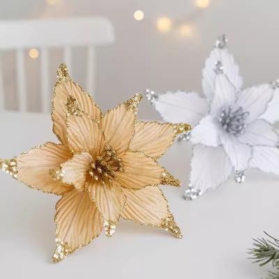 China Plush cloth 25cm sequin flannelette Christmas flower Gold Champagne flower Christmas tree decoration DIY accessories for sale