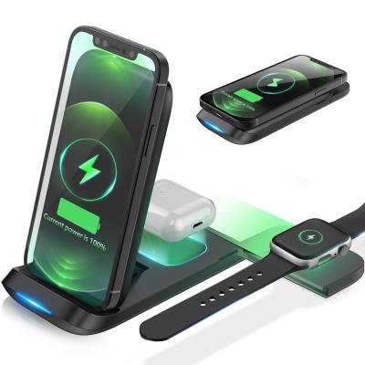 China High Quality Foldable 3 in 1 Wireless Charging Pad Qi Pad Dock Station 15W Phone Charger Stand for iWatch Airpods for sale