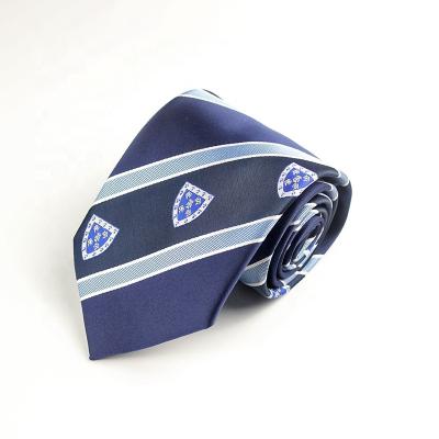 China Custom Ties High Quality Silk Tie Logo Woven Jacquard Badge Mens Neck Tie 100% Polyester Navy Blue Stripe for sale