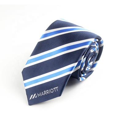 China 100% Polyester Custom Neck Ties Navy Blue Stripe Classic Pattern With Private Logo Label Company School Jacquard Ties for sale