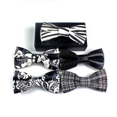 China Hot Selling Flower Free Sample Mens Accessories Handmade Black White Leather Bow Tie Manufacturers for sale