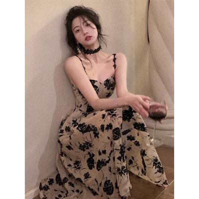 China Breathable One-Piece Evening Dress Korean Women Vintage Sleeveless Elegant Dress Floral Strap Midi Dress 2023 Summer for sale