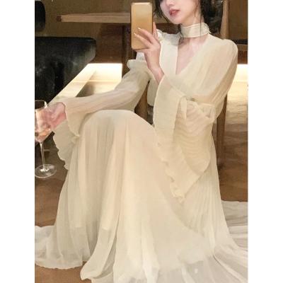 China 2023 Spring Vintage Chiffon Dress Women Office Lady Long Sleeve Casual French Korean One-Piece Dress Anti-wrinkle Spring Elegant V-Neck Midi Dress for sale