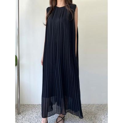 China Female Korean Solid Slimming Anti-wrinkle Lace Up Clothing Summer Women Round Neck Sleeveless Pleated Dresses Simple Retro Dress for sale