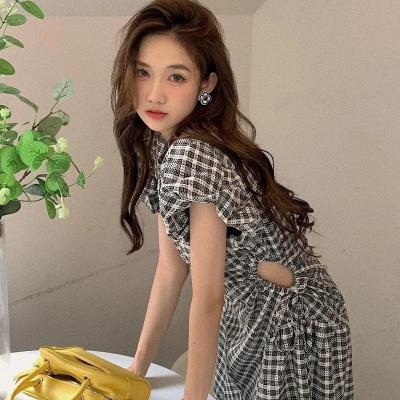 China Anti-wrinkle Women New Korean Elegant Long Dress Female Puff Sleeve Plaid Vestidos O Neck Dress 2023 Summer Lace Up Hollow Waist Dresses for sale