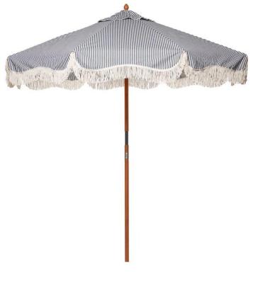 China Custom Made Luxury Umbrella Diameter 2.2M Outdoor Wooden Beach Sunshade Pole Canvas Tassels High Quality for sale