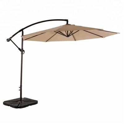 China Large Luxury Aluminum Curvy Offset Patio Umbrella Hanging Cantilever Umbrella With Base for sale