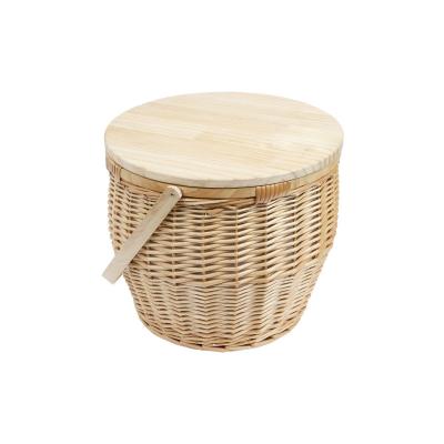 China Cooler Insulated Collapsible Round Wicker Stored Beach Basket Making Rattan Picnic Basket Insulated Set With Wooden Lid for sale