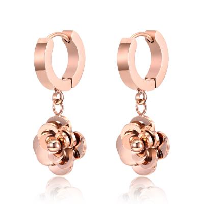 China Trendy Women's Camellia Stud Earring Women's Fashion All-match Stud Earrings Titanium Steel Gold Plated Pink Stud Earrings for sale