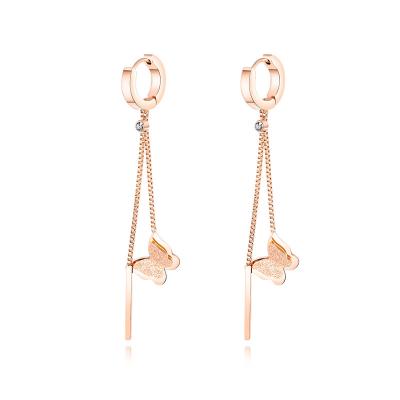 China Trendy Soft Long Butterfly Tassel Stud Earrings Fashion Titanium Steel Rose Gold Plated Earring Pendant For Ladies Earrings for sale