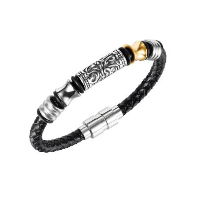 China Fashion Hip Hop Street Ornament TRENDY Vintage Leather Weave Border Bangle Men's Stainless Steel Bracelet for sale