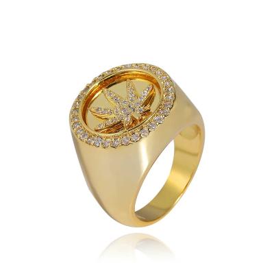 China FASHIONABLE European hip hop bossy hipsterhiphopRingMen's zircon ring electroplating hemp leaf gold ring real rotating for sale