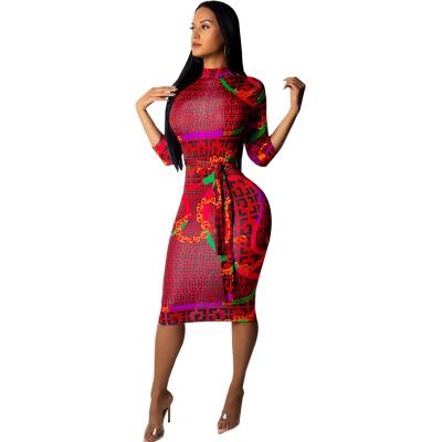 China Anti-Static Casual Zipper 3/4 Sleeve Printed Midi Dress With Belt for sale