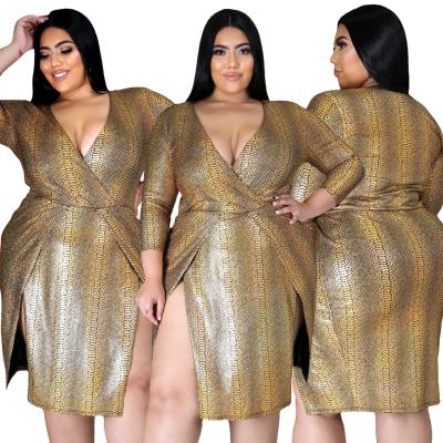 China 5XL Fat Woman Breathable Clubwear Plus Size Shiny Tan V-Neckline Plus Size Dress Women Clothing With Pit Split for sale