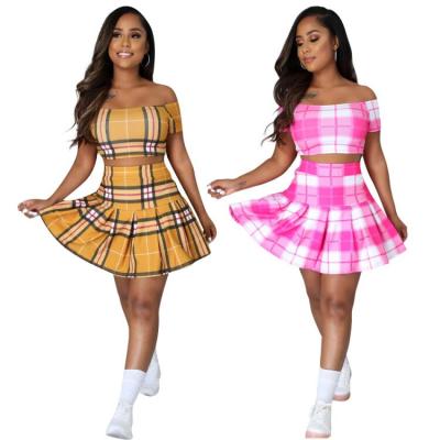 China Waterproof Two Piece Skirt Set Women Plaid Off Shoulder Crop Top And High Waist Pleated Skirt Set for sale