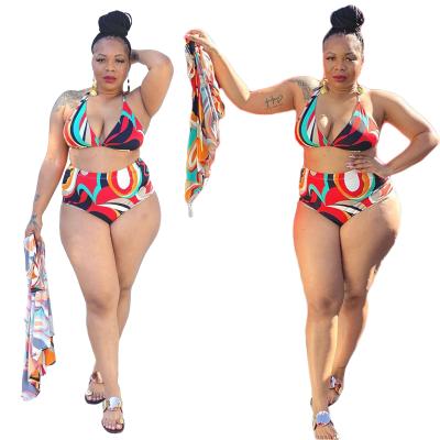 China Fat Three Piece QUICK DRY Plus Size Print Slit Swimsuit for sale