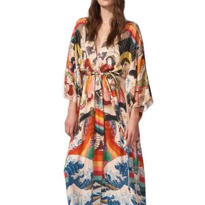 China Breathable Women Character Print Kimono Cardigan Long Sleeve Boho Beach Cover Up for sale