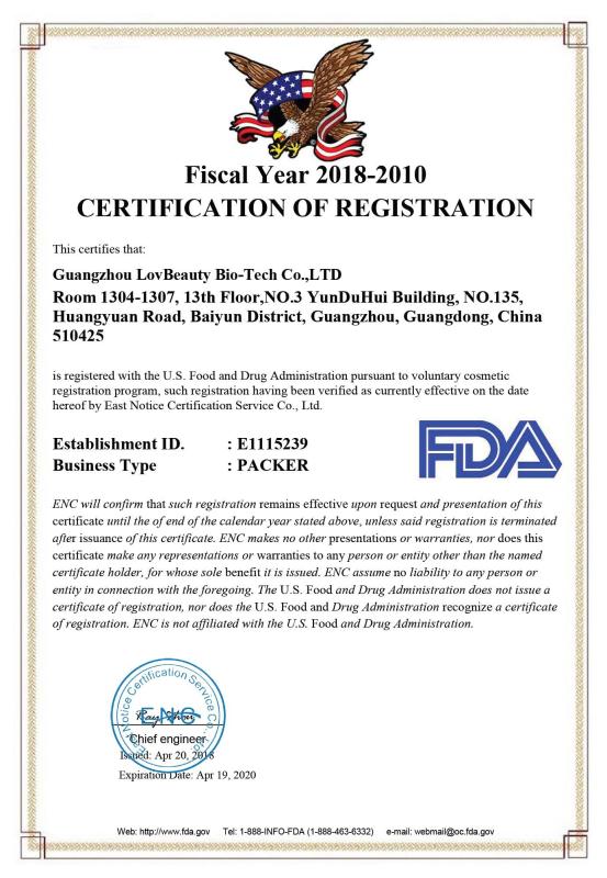 FDA Certification of registration - GUANGZHOU LOVBEAUTY BIOTHCH CO.,LTD