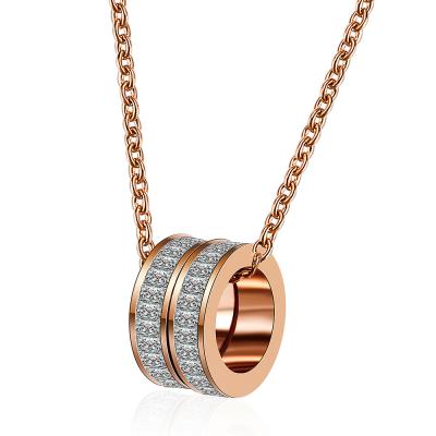 China Environmental Friendly Stainless Steel 18K Rose Gold Plated Charms Rhinestone Two Rings Necklace For Women for sale