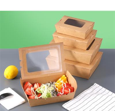 China Greaseproof Disposable Brown Paper Salad Packaging Fast Food Packaging Box With Transparent Window for sale