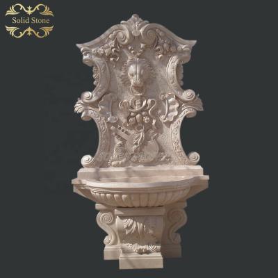 China Traditional Hot Selling Classic Design Carved Beige Marble Lion Wall Hanging Main Fountain for sale