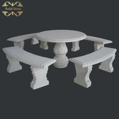 China Beautiful contemporary hand carved white marble garden table and benches for sale