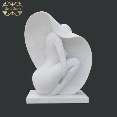 China Abstract Art Western Hand Carved Garden Hat Lady White Marble Sculpture for sale