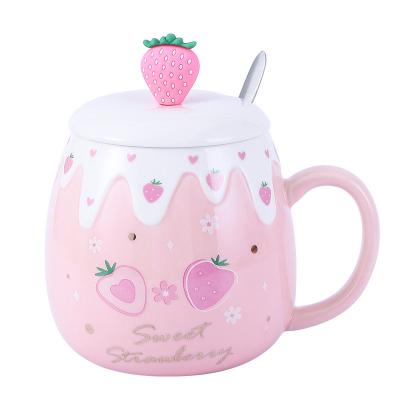 China Viable Strawberry Fruit Relief Mug With Cover Spoon Cup Ceramic Creative Coffee Mug for sale