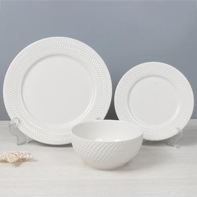 China Porcelain Ceramic Dish Disposable White Embossing Dinnerware Set Ceramic Dinnerware Bowl for sale