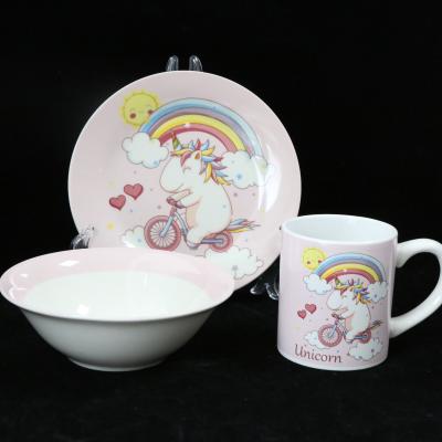 China 3 Pieces Kids Dinner Set Cute Cartoon Style Porcelain Design Viable for sale