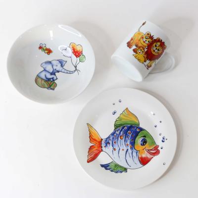 China Sustainable 3pcs Kids Porcelain Dinnerware Sets Kids Dinnerware Sets Cartoon Design Ceramic Dish for sale