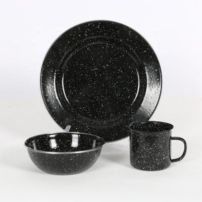 China Viable Wholesale Simple Style Camping Steel Hardware Round Enamel Dishes Cups Bowls Dinner Sets for sale