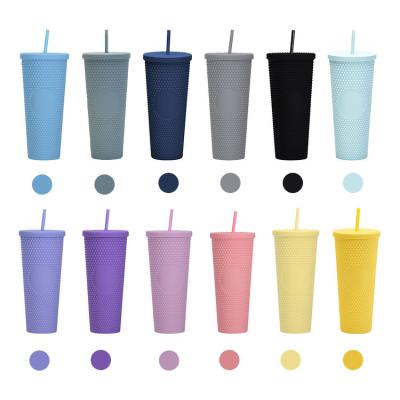 China Factory Sales 24oz Viable Reusable Coffee Tumblers Plastic Cups Drinkware Bling Double Wall Studded Tumbler With Straw for sale