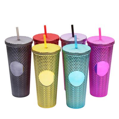 China Factory Sale Viable Custom Acrylic 24oz Tumbler Double Wall Cups Rhinestone Mugs Studded Tumbler With Lid And Straw for sale