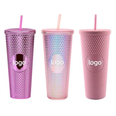 China Sustainable USA Warehouse Tumblers 24oz Reusable Studded Plastic Coffee Mugs Drinkware Bling Double Wall Tumbler With Straw for sale