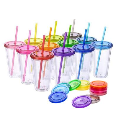 China Double Wall Acrylic Reusable Reusable Plastic Tumblers 16oz 24oz 32oz BPA Free Bulk Clear Tumbler Cups With Lid And Straw for sale