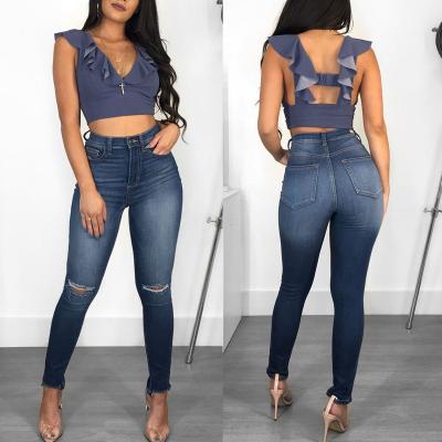 China Wholesale QUICK DRY High Waist Holes Wholesale High Waisted Holes Cotton Women Pants Women Cotton Denim Fashion Ladies Skinny Jeans for sale