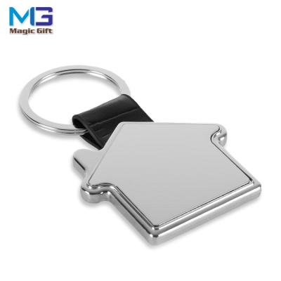 China Custom Metal Hole White Logo Decorated Leather Hanging Rotatable Home Shaped Key Chain for sale