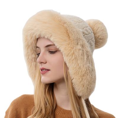 China Winter JOINT Women's Three Fur Balls Outdoor Plush Striping Solid Color Windproof Warm Knitted Hat for sale