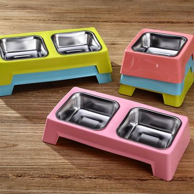 China Sustainable High Quality Stainless Steel Square Double Pet Bowl for sale