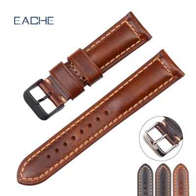 China Fashion EACHE High Quality Oil Waxed Genuine Leather 20mm Watch Band Leather 18mm 20mm Silver And Black Buckle 22mm Watch Leather Strap for sale