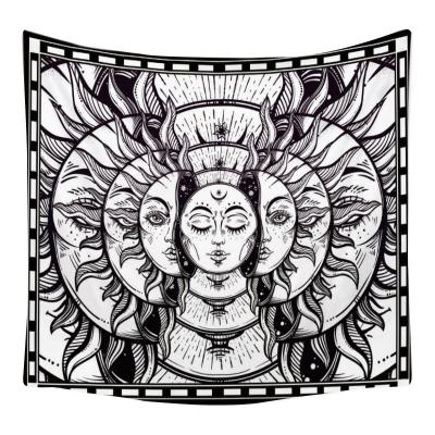 China Black and White Minimalist Bohemian Psychedelic Mandala Wall Hanging Sun Moon Bath Tapestry Wall Covering for sale